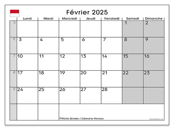 Calendrier Monaco pour février 2025 à imprimer gratuit. Semaine : Lundi à dimanche.