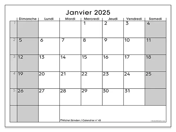 Calendrier à imprimer n° 43, janvier 2025