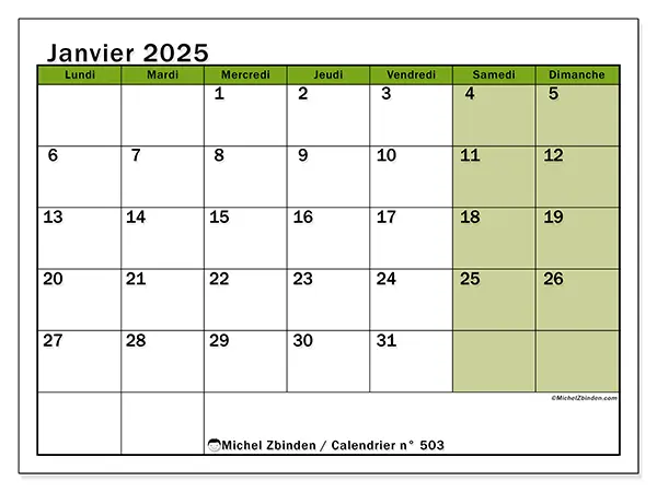 Calendrier à imprimer n° 503, janvier 2025