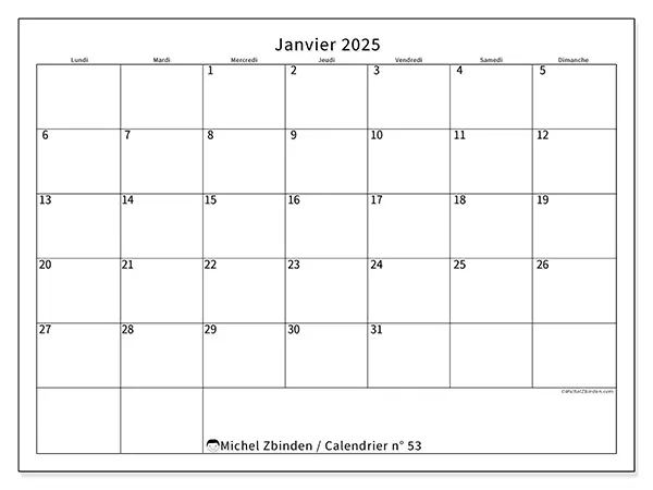 Calendrier à imprimer n° 53, janvier 2025