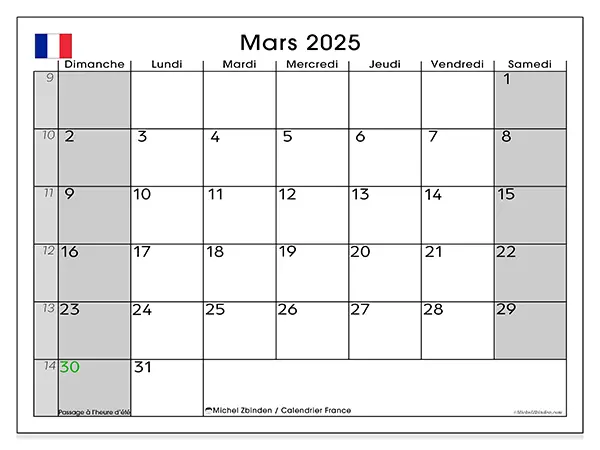 Calendrier France pour mars 2025 à imprimer gratuit. Semaine : Dimanche à samedi.