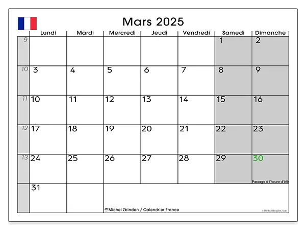 Calendrier France pour mars 2025 à imprimer gratuit. Semaine : Lundi à dimanche.