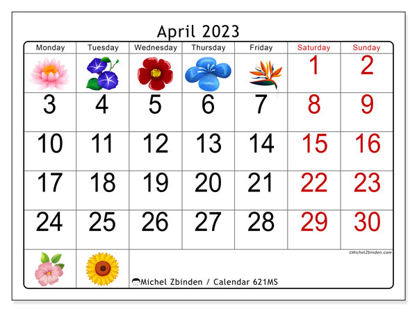April 2023 printable calendar “621MS” - Michel Zbinden UK