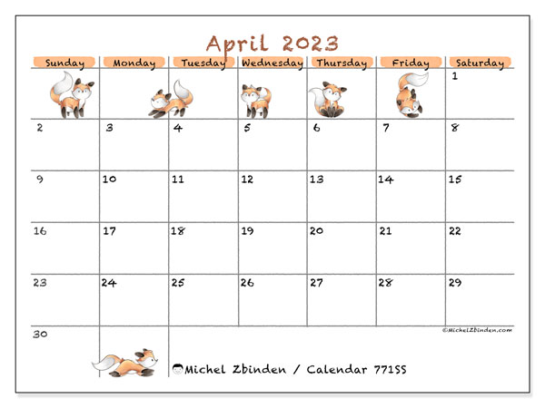 April 2023 printable calendar “442SS” - Michel Zbinden UK