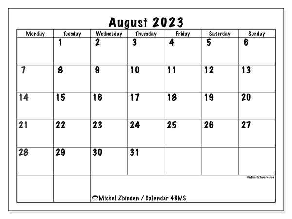 August 2023 printable calendar “444MS” - Michel Zbinden UK