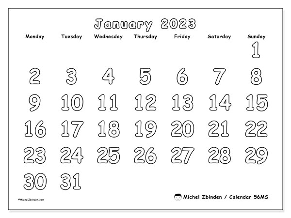 January 2023 printable calendar “56MS” - Michel Zbinden UK