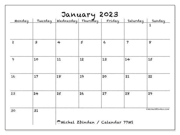 January 2023 printable calendar “621MS” - Michel Zbinden UK