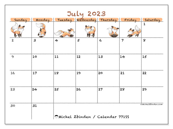 July 2023 printable calendar “481SS” - Michel Zbinden UK