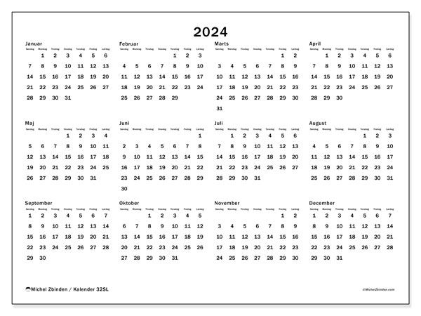 Årskalender 2024, 32SL. Gratis plan til print.