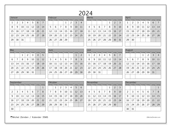 Årskalender 2024, 35MS. Gratis plan til print.