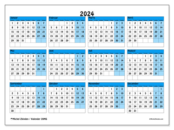 Årskalender 2024, 39MS. Gratis plan til print.
