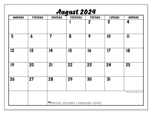Kalender august 2024, 45MS. Gratis kalender til print.