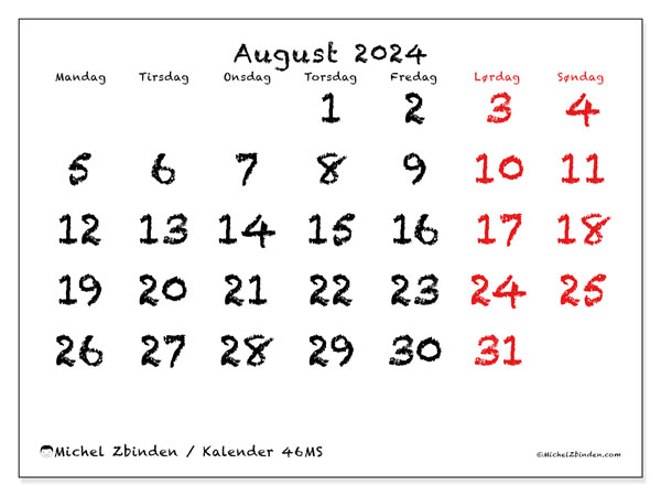 Kalender august 2024, 46MS. Gratis kalender til print.