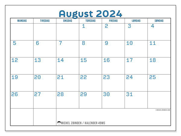 Kalender august 2024, 49SL. Gratis kalender til print.
