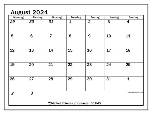 Kalender august 2024, 501MS. Gratis kalender til print.