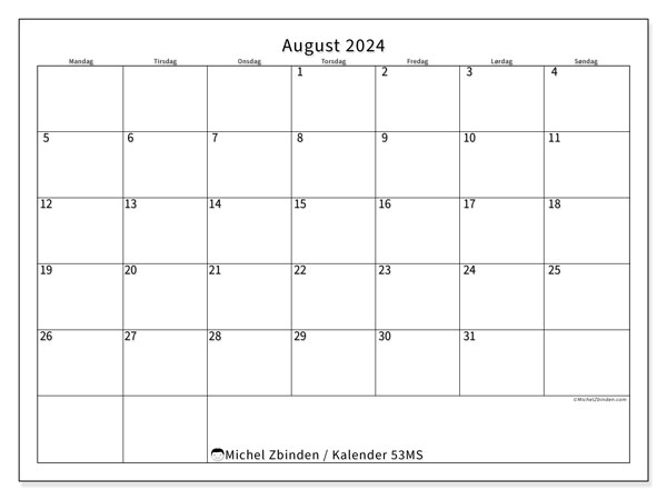 Kalender august 2024, 53MS. Gratis kalender til print.