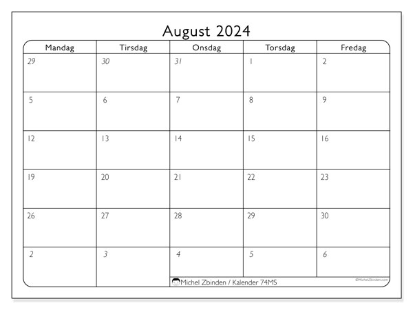 Kalender august 2024, 74SL. Gratis kalender til print.