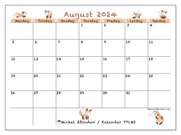 Kalender august 2024, 771MS. Gratis kalender til print.