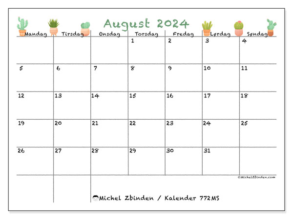 Kalender august 2024, 772MS. Gratis kalender til print.