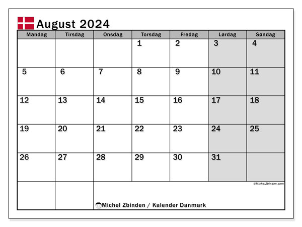 Kalender August 2024, Dänemark (DA). Programm zum Ausdrucken kostenlos.