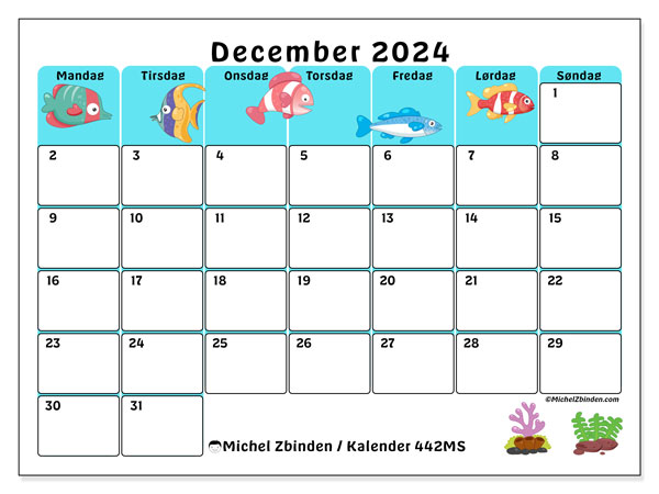 Kalender december 2024, 442MS. Gratis plan til print.
