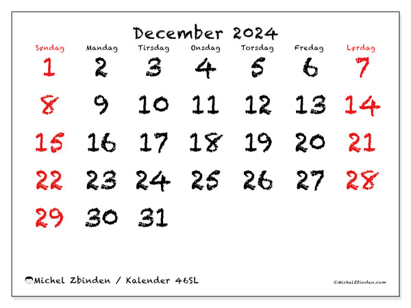 Kalender december 2024, 46SL. Gratis plan til print.