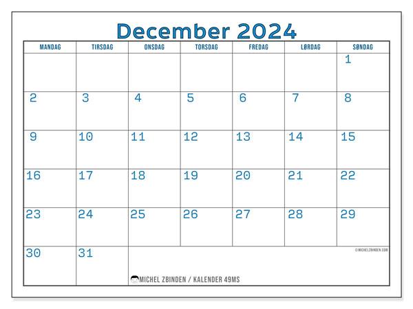 Kalender december 2024, 49MS. Gratis plan til print.