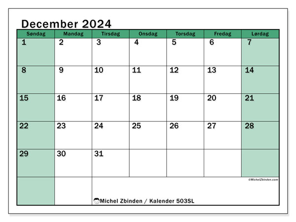 Kalender december 2024, 503SL. Gratis plan til print.