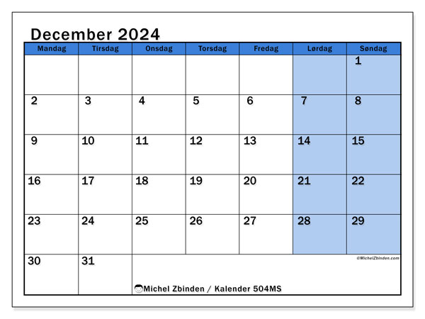 Kalender december 2024, 504SL. Gratis plan til print.