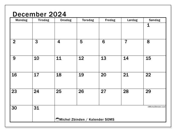 Kalender december 2024, 50MS. Gratis plan til print.