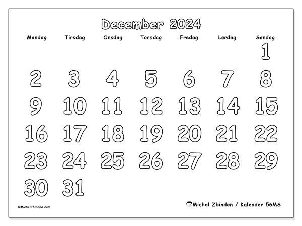 Kalender december 2024, 56SL. Gratis plan til print.