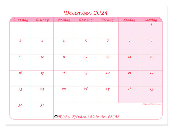 Kalender december 2024, 63SL. Gratis plan til print.
