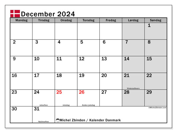Calendario dicembre 2024, Danimarca (DA). Programma da stampare gratuito.