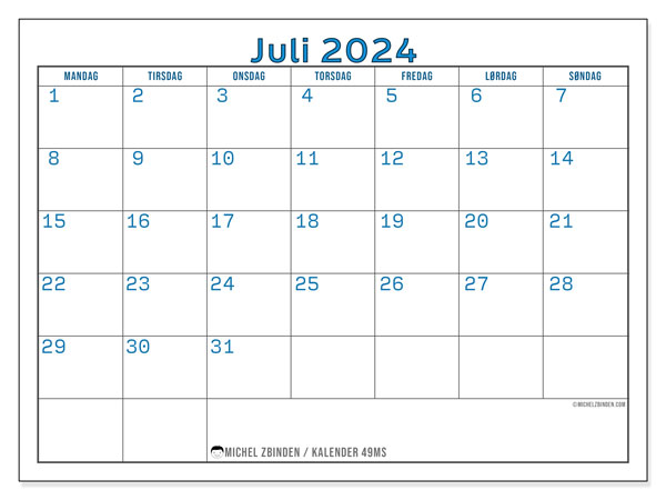 Kalender juli 2024, 49SL. Gratis plan til print.