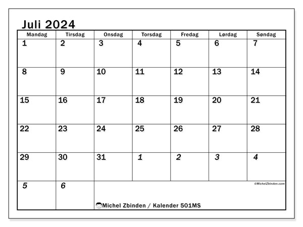 Kalender juli 2024 “501”. Gratis plan til print.. Mandag til søndag