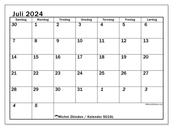Kalender juli 2024 “501”. Gratis plan til print.. Søndag til lørdag