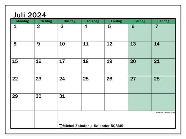 Kalender juli 2024 “503”. Gratis program til print.. Mandag til søndag