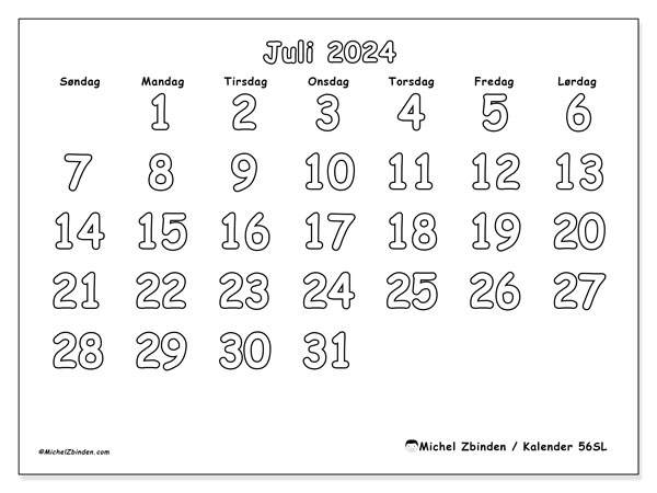 Kalender juli 2024, 56SL, klar til udskrivning og gratis.