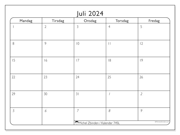 Kalender juli 2024, 74SL. Gratis plan til print.