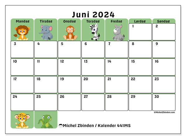 Kalender juni 2024, 441MS. Gratis plan til print.