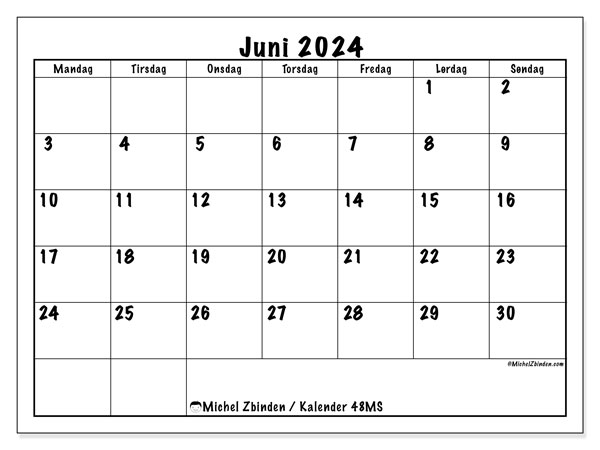 Kalender juni 2024, 48SL. Gratis plan til print.