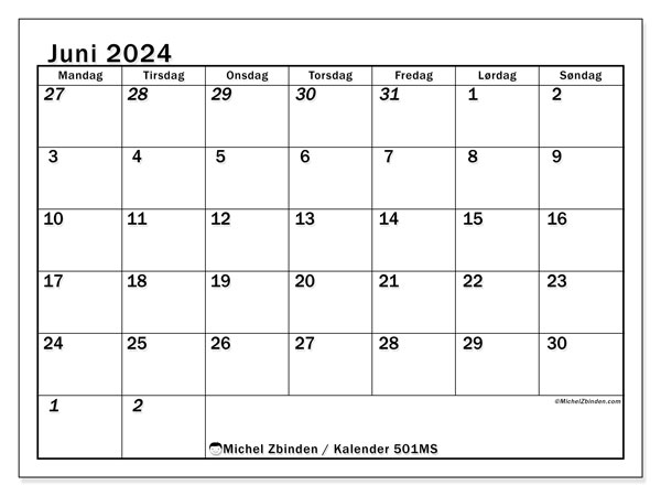 Kalender juni 2024, 501MS. Gratis plan til print.