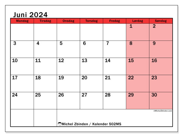 Kalender juni 2024, 502MS. Gratis plan til print.