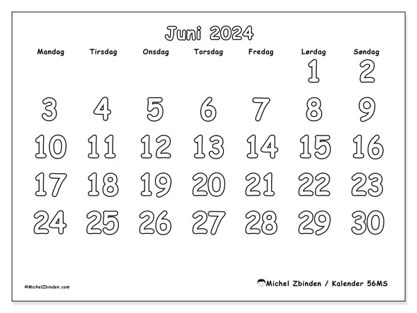 Kalender juni 2024, 56SL. Gratis plan til print.