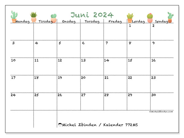 Kalender juni 2024, 772MS, klar til udskrivning og gratis.