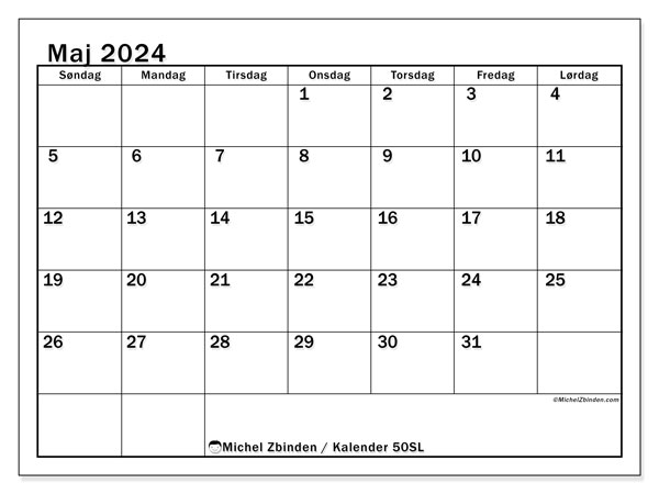 Kalender maj 2024 “50”. Gratis kalender til print.. Søndag til lørdag