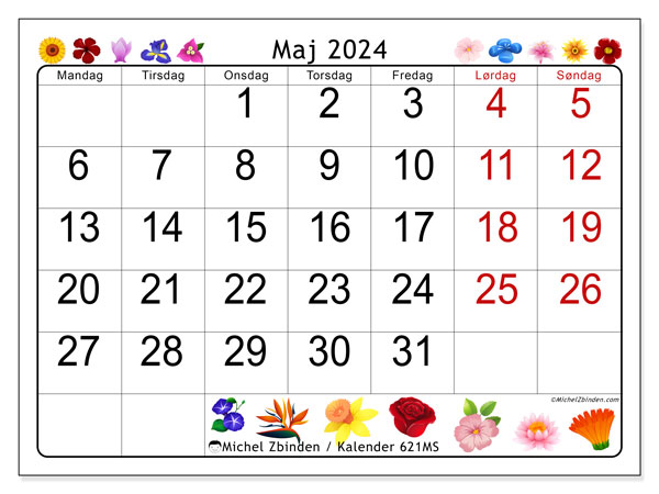 Kalender maj 2024 “621”. Gratis kalender til print.. Mandag til søndag