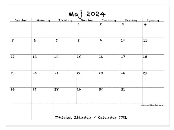Kalender maj2024, 77SL. Gratis kalender til print.