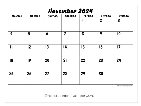 Kalender november 2024, 45SL. Gratis plan til print.