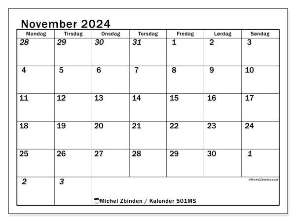 Kalender november 2024, 501MS. Gratis plan til print.
